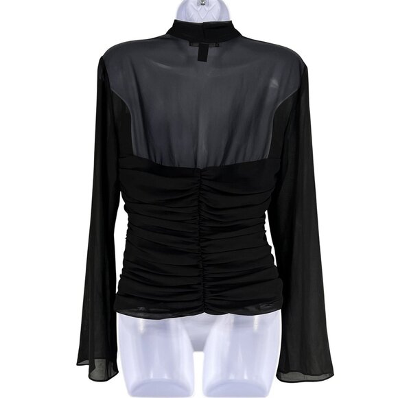 JS Boutique Womens 8 Ruched Black Long Bell Sleeve Blouse Coquette Vampy Top - Picture 2 of 16